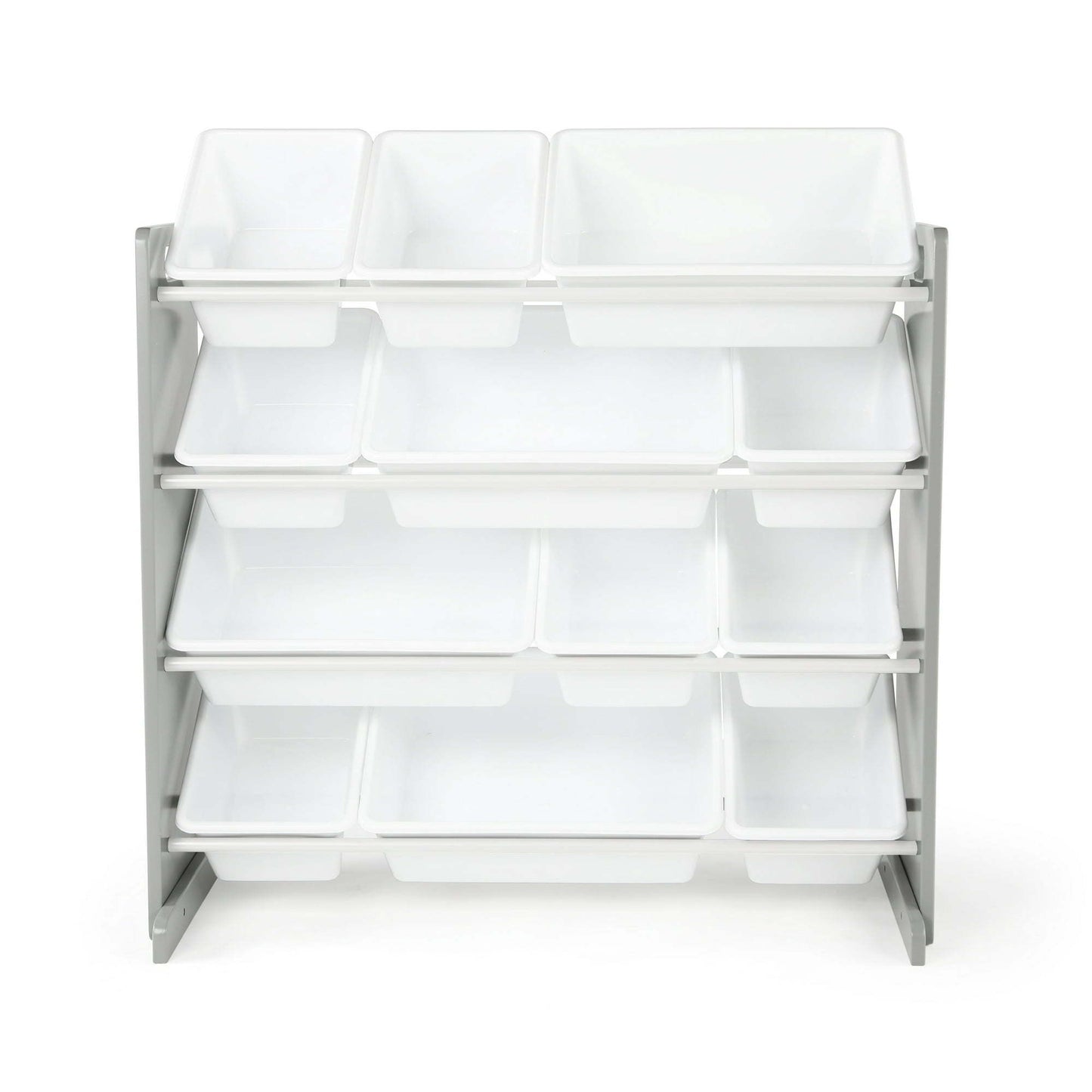 Children Wood and Plastic Organizing Rack with 12 Bins, Gray and White