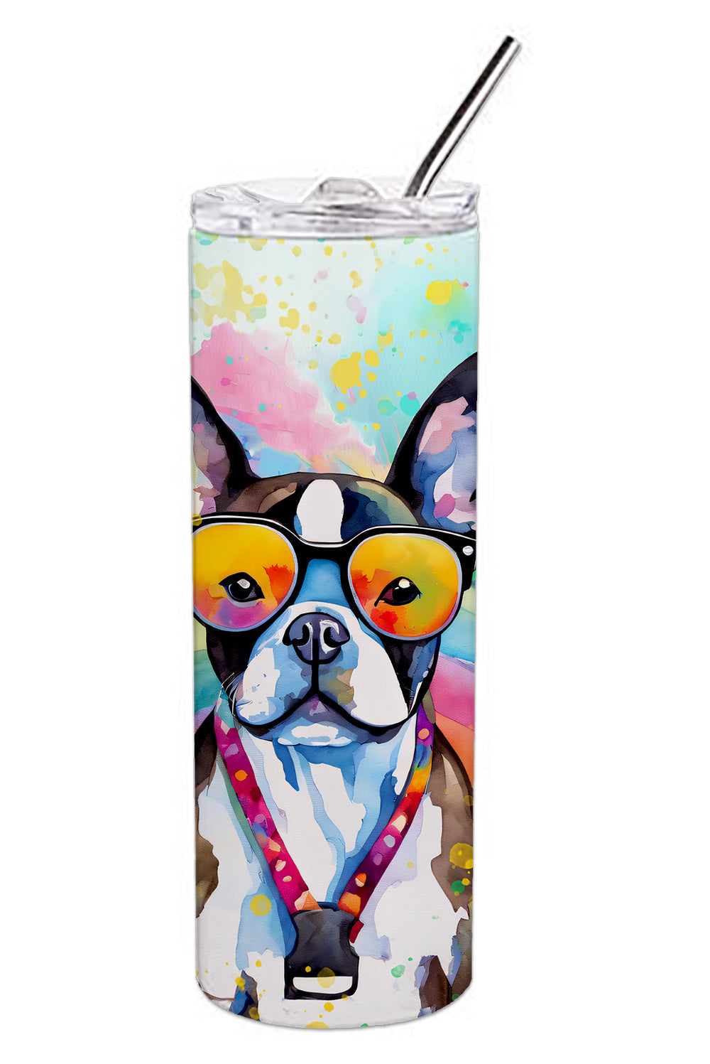 Boston Terrier Hippie Dawg Stainless Steel Skinny Tumbler Vacuum Double Walled Reusable Insulated Tumbler Travel Cup for Coffee Cocktails Gift with Lid, 20 oz