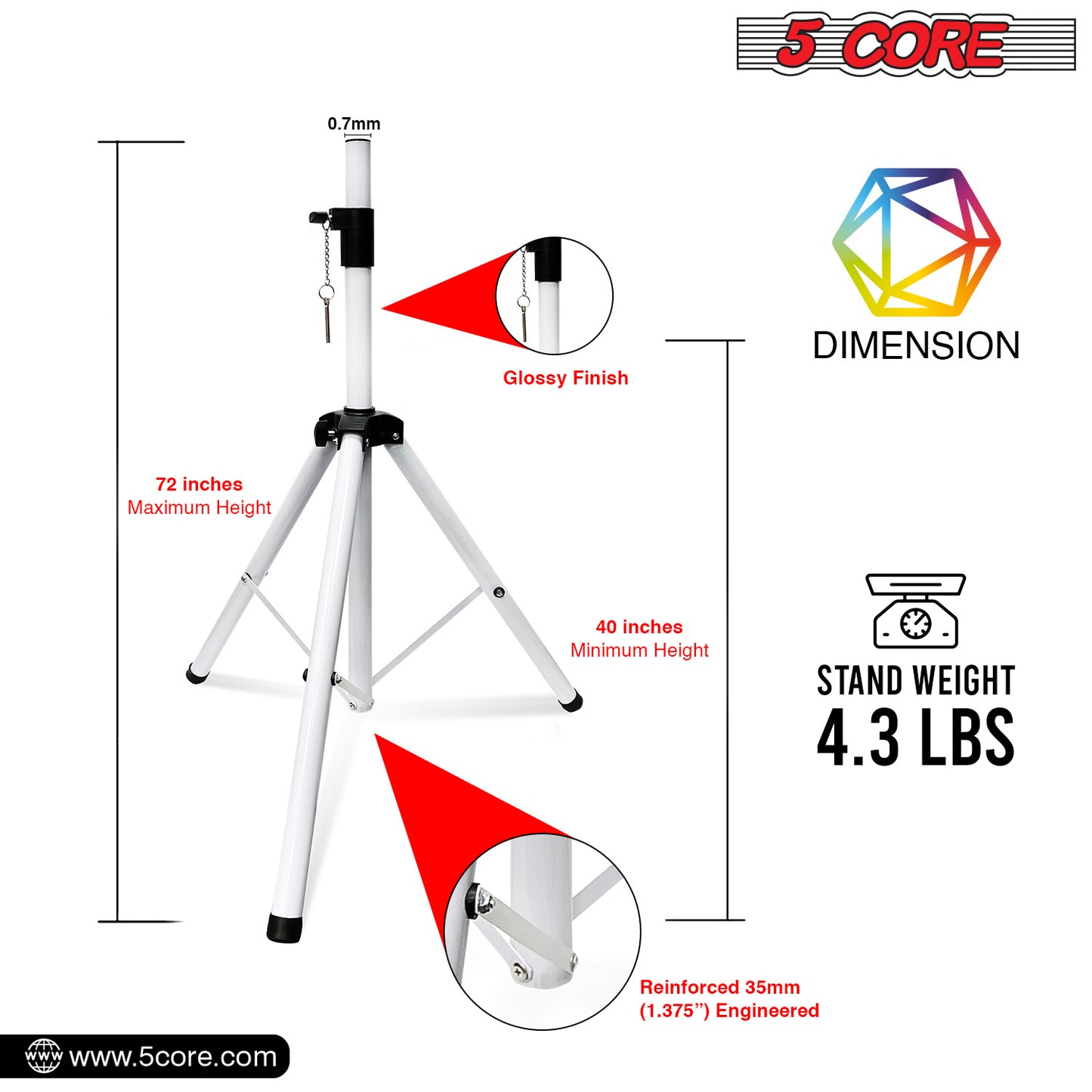 5 Core Speaker Stand Tripod Floor Tall Pair Adjustable Up to 72 Inch DJ Studio Monitor Stands Pole Mount  - SS ECO 2PK WoB