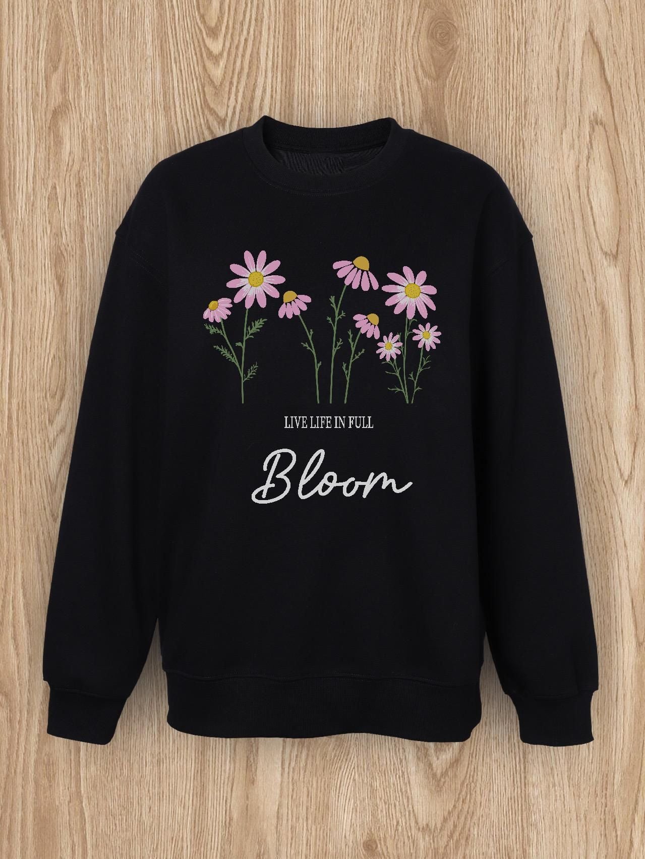 Women Basic Casual Pullover Spring Autumn Long Sleeve Daisy Letters Printed Round Neck Black