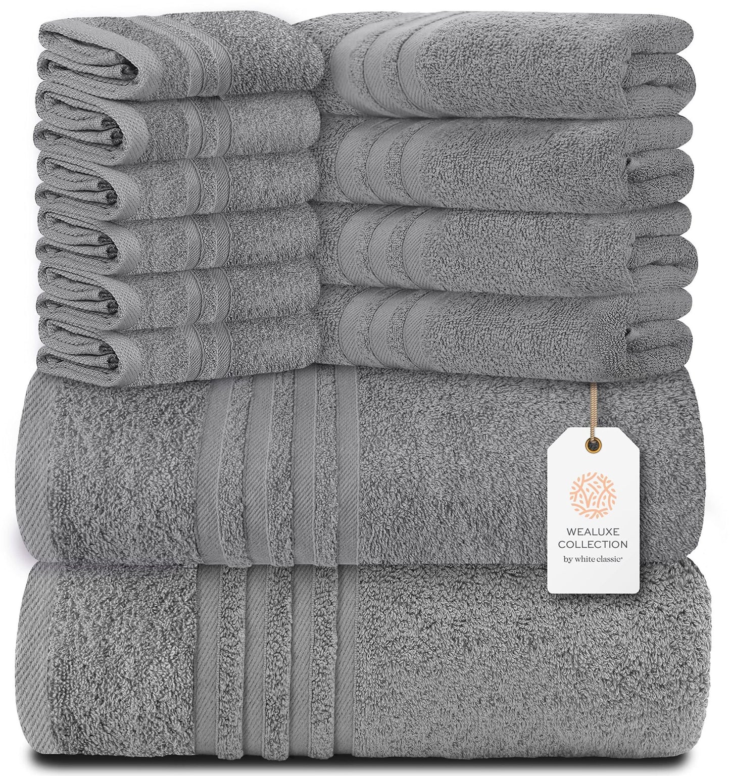 12 Piece Bath Towel Set for Bathroom Wealuxe Collection 2 Bath Towels 4 Hand Towels 6 Washcloths 100% Cotton Soft and Plush Highly Absorbent Soft Towel for Hotel & Spa Light Gray