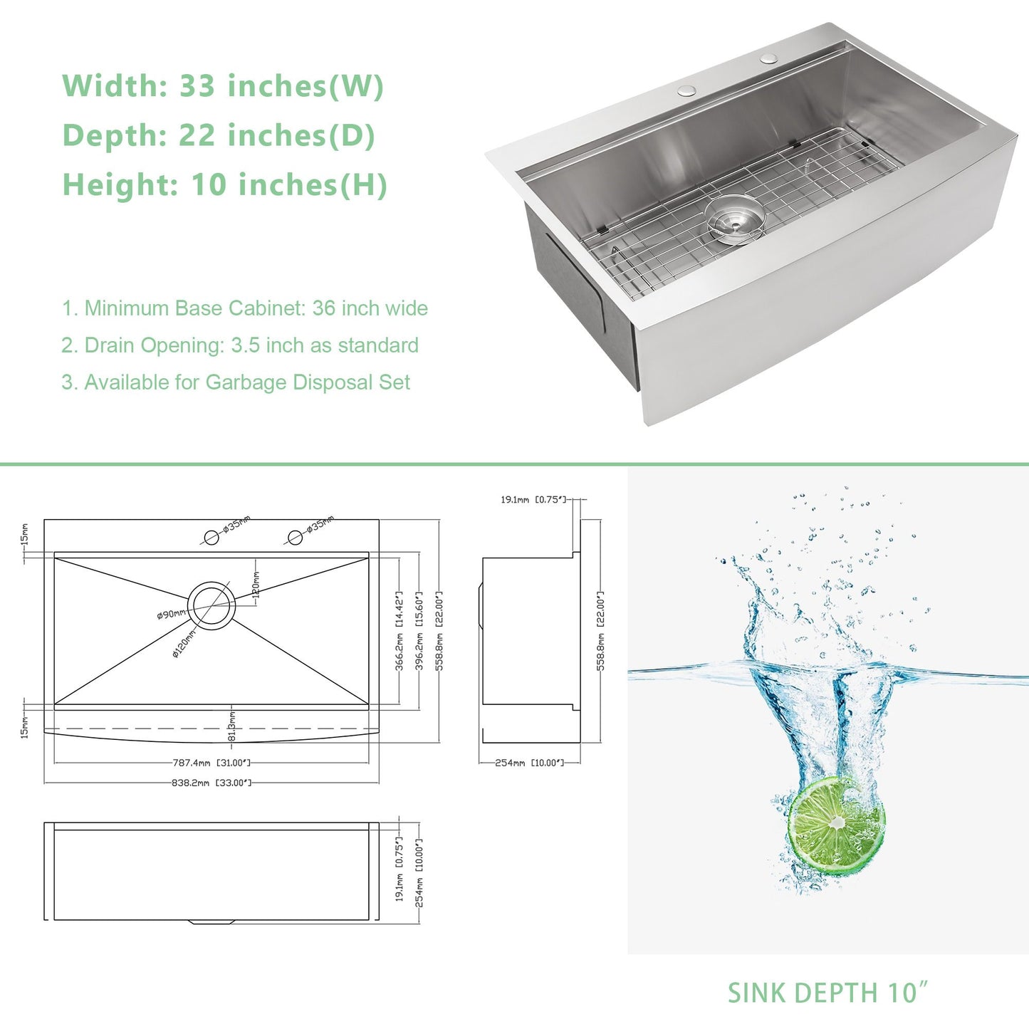 33-inch Topmount Single Bowl Stainless Steel Apron Front Ledge Workstation Farmhouse Kitchen Sink