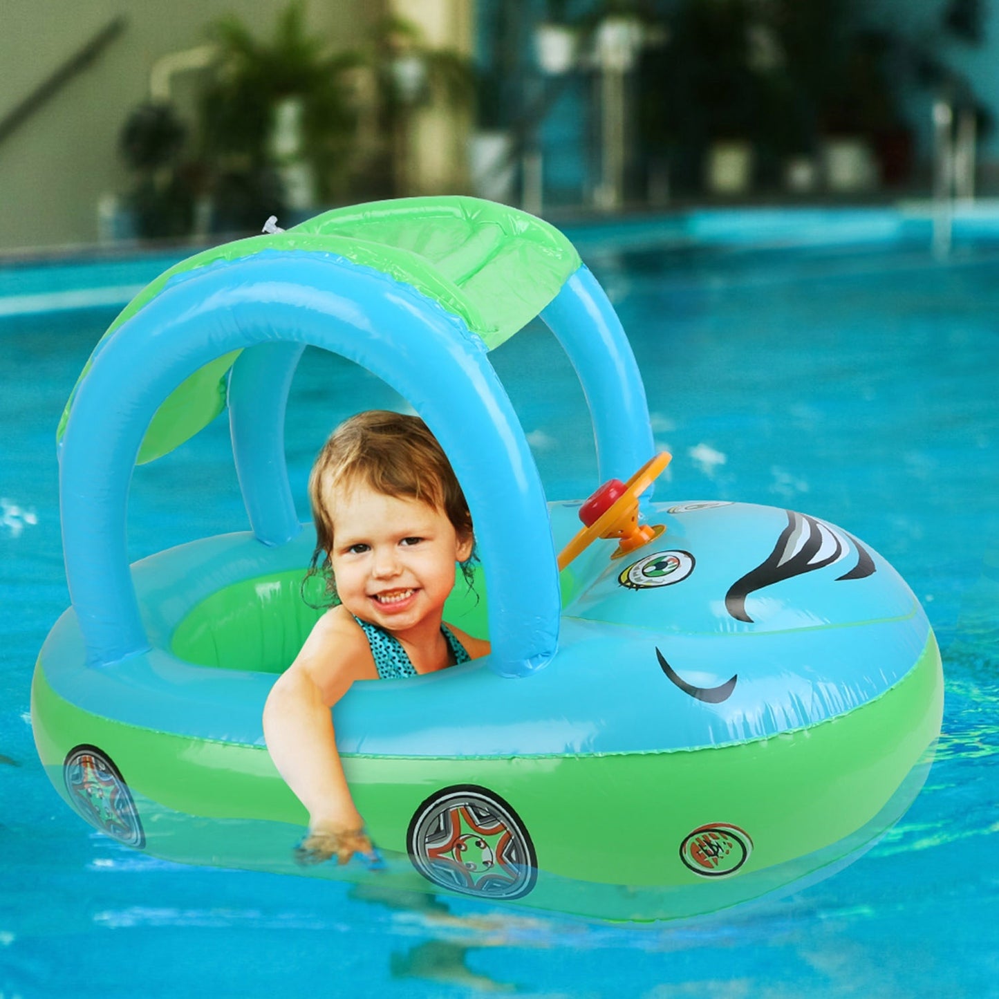 Baby Inflatable Pool Float Car Shaped Toddler Swimming Float Boat Pool Toy Infant Swim Ring Pool with Sun Protection Canopy for 1-3 Year-Old Kids Infant Toddlers