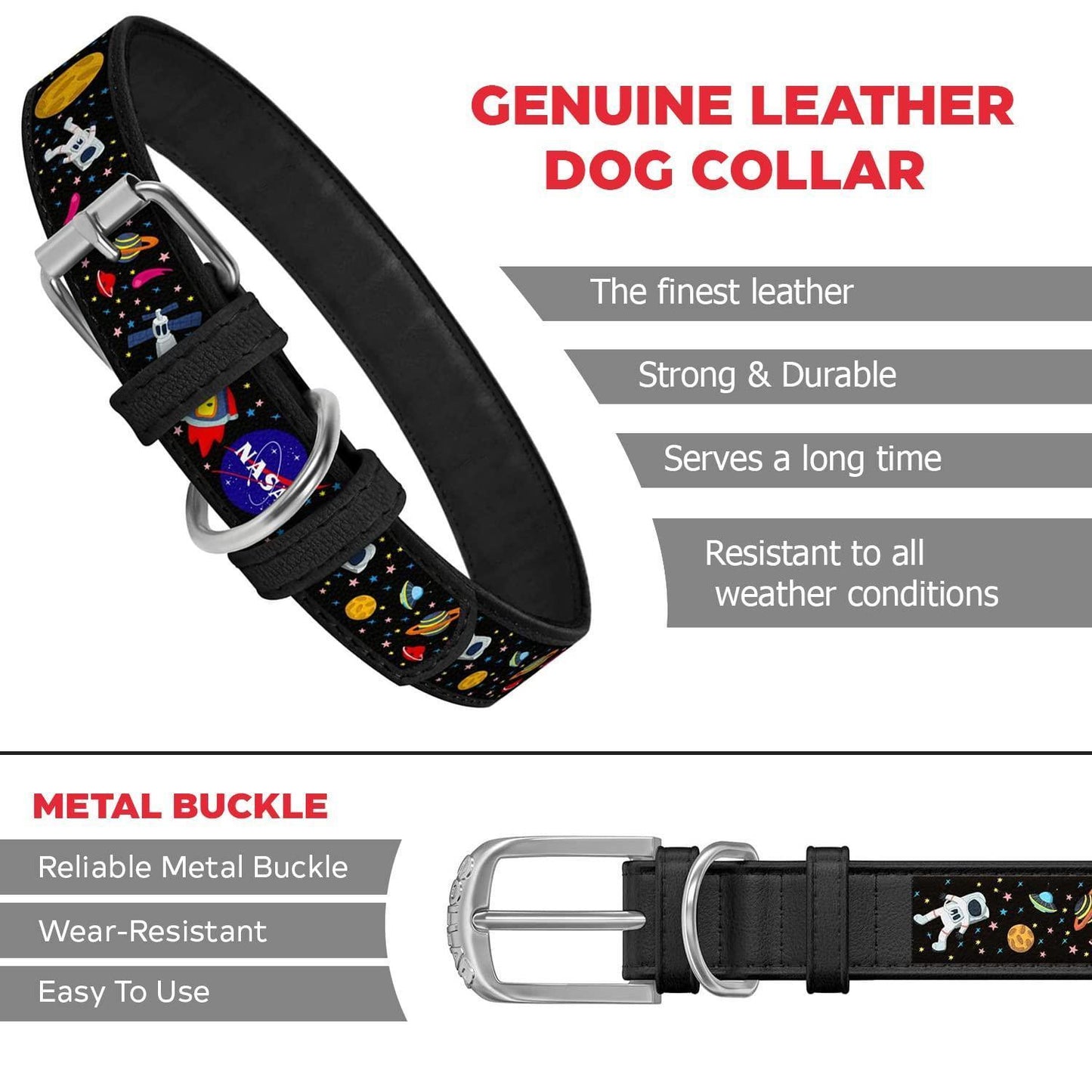 Leather Dog Collar with NASA Design Dog Collars for Medium Dogs Small Large Dogs Heavy Duty Collar with Durable Metal Buckle 14-19 inch Neck x 1 inch Wide Nasa Pattern