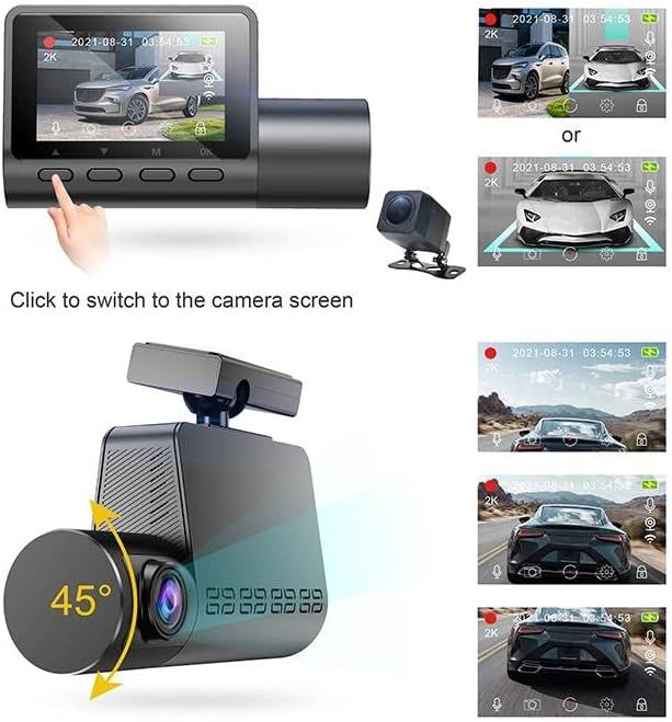 Dual Front Rear Dash Cam 2K QHD +1080p 2" Display 140° Wide Angle Monitoring Range Monitoring Dash Camerca with GPS Super Night Vision G-Sensor