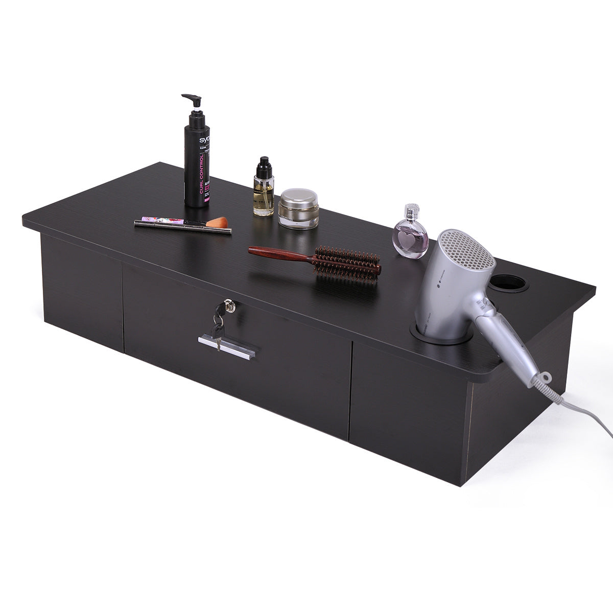 Classic Wall-Mounted Styling Station with Drawer and Tool Holes, Vanity Table, Dressing Table, Equipment for Barber Beauty Spa Salon Shops, Black