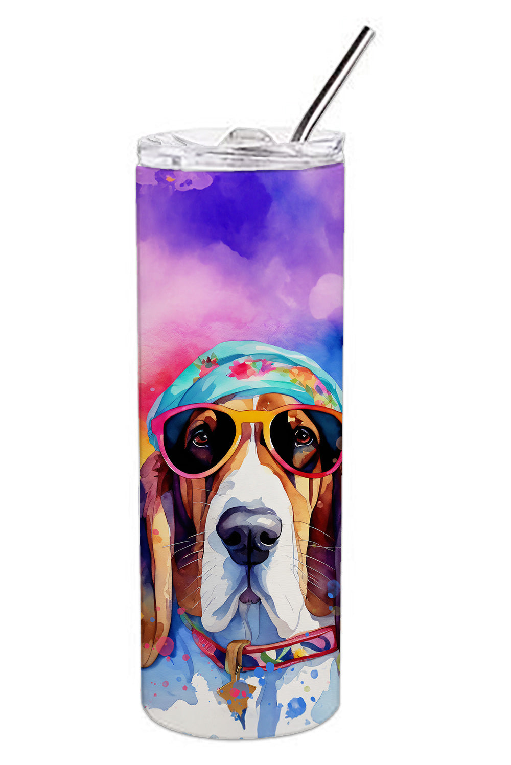 Basset Hound Hippie Dawg Stainless Steel Skinny Tumbler Vacuum Double Walled Reusable Insulated Tumbler Travel Cup for Coffee Cocktails Gift with Lid, 20 oz