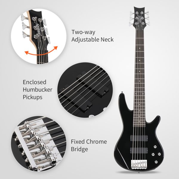 [Do Not Sell on Amazon]Glarry Full Size GIB 6 String H-H Pickup Electric Bass Guitar Bag Strap Pick Connector Wrench Tool Black