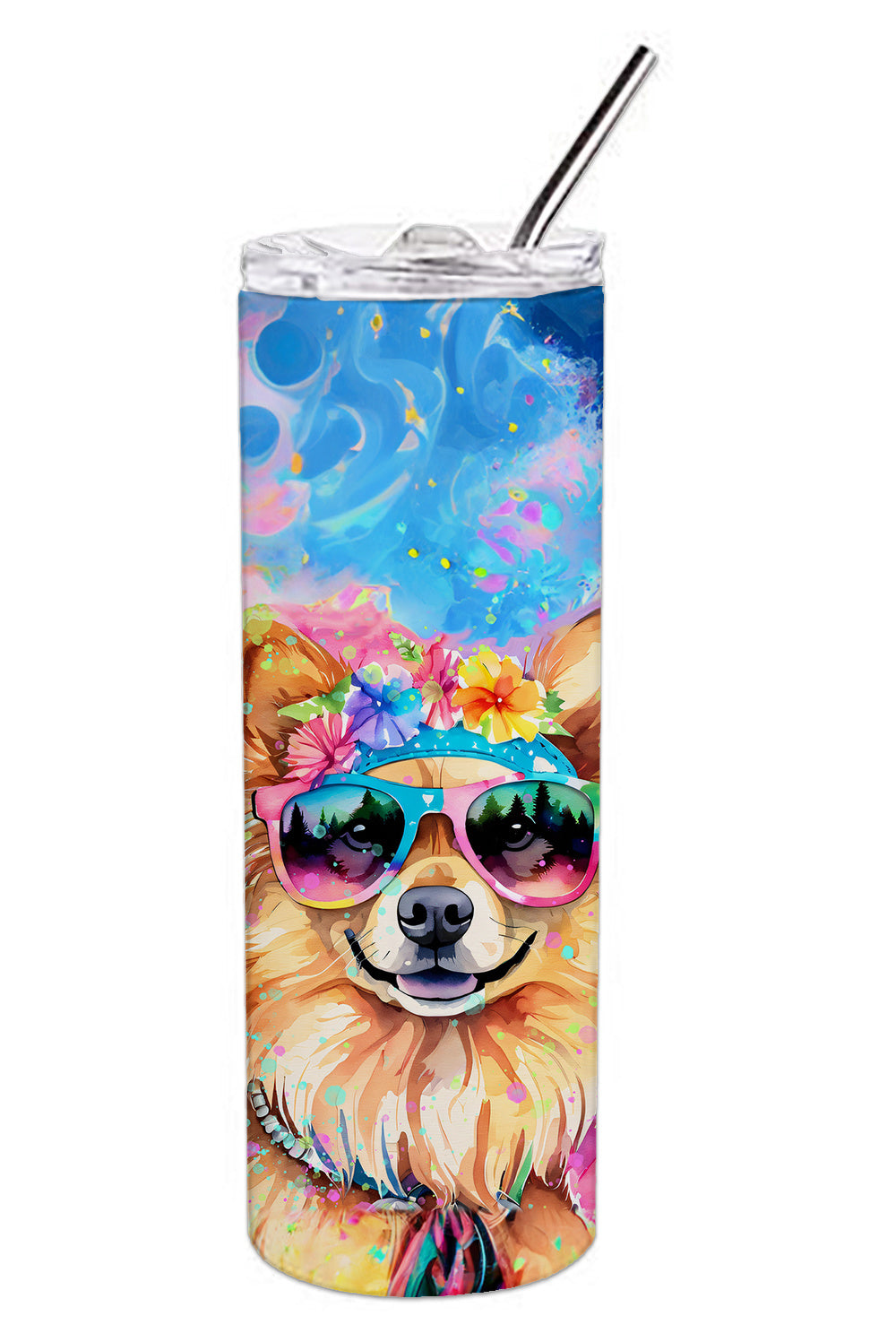 Pomeranian Hippie Dawg Stainless Steel Skinny Tumbler Vacuum Double Walled Reusable Insulated Tumbler Travel Cup for Coffee Cocktails Gift with Lid, 20 oz