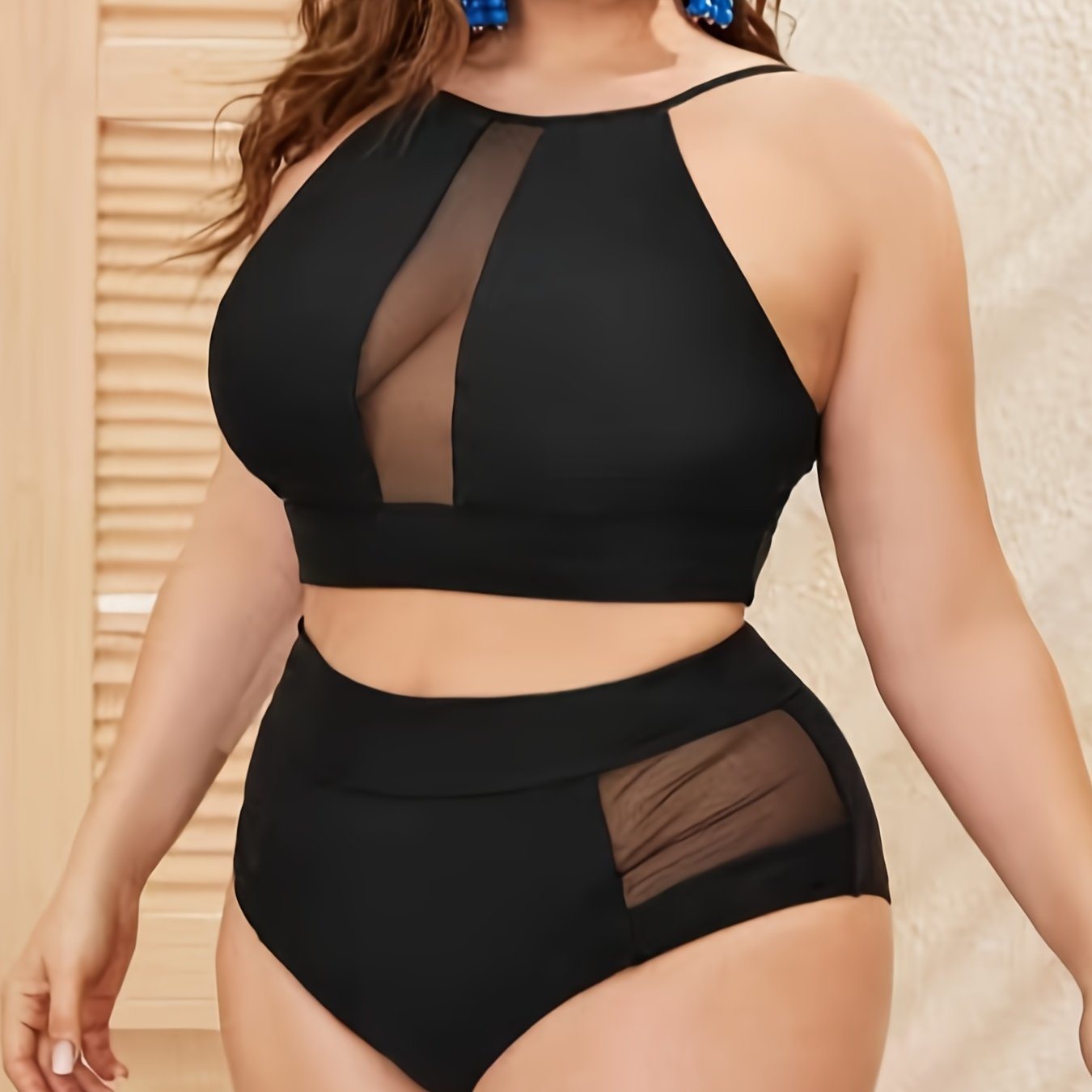 Plus Size Contrast Mesh Halter Neck Solid Bikini Set; Women's Plus Medium Stretch Semi Sheer Sexy Swimsuit Set Beachwear