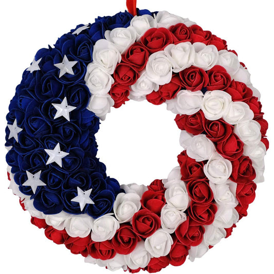 Patriotic Americana Wreath;  Boxwood Handcrafted Memorial Day Wreath Festival Garland Decoration