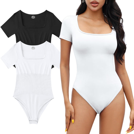 MRIGNT 2 Piece Short Sleeve Bodysuits for Women Sexy Ribbed Square Neck Top