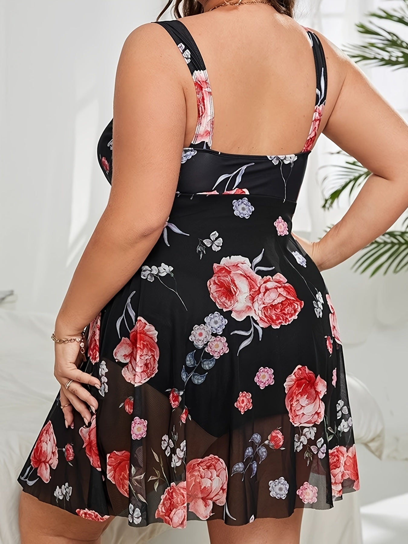 Plus Size Floral Trim Contrast Mesh Split Hem One Piece Swimsuit; Women's Plus High Stretch Modest Swimsuit