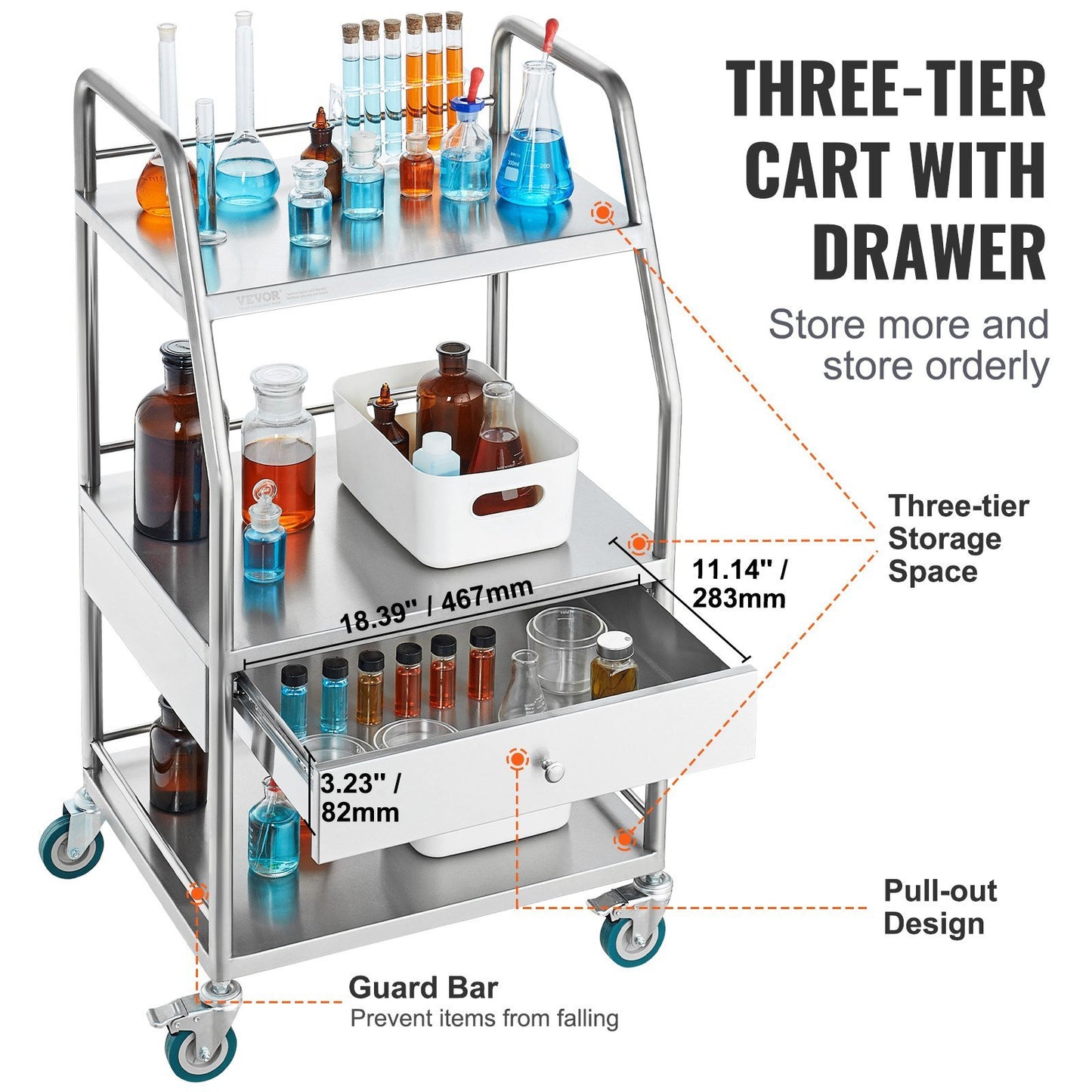 VEVOR Lab Serving Cart, 3 Layers Stainless Steel Utility Rolling Cart, Medical Cart with A Drawer, Dental Utility Cart with Lockable Wheels, for Laboratory, Hospital, Dental Use