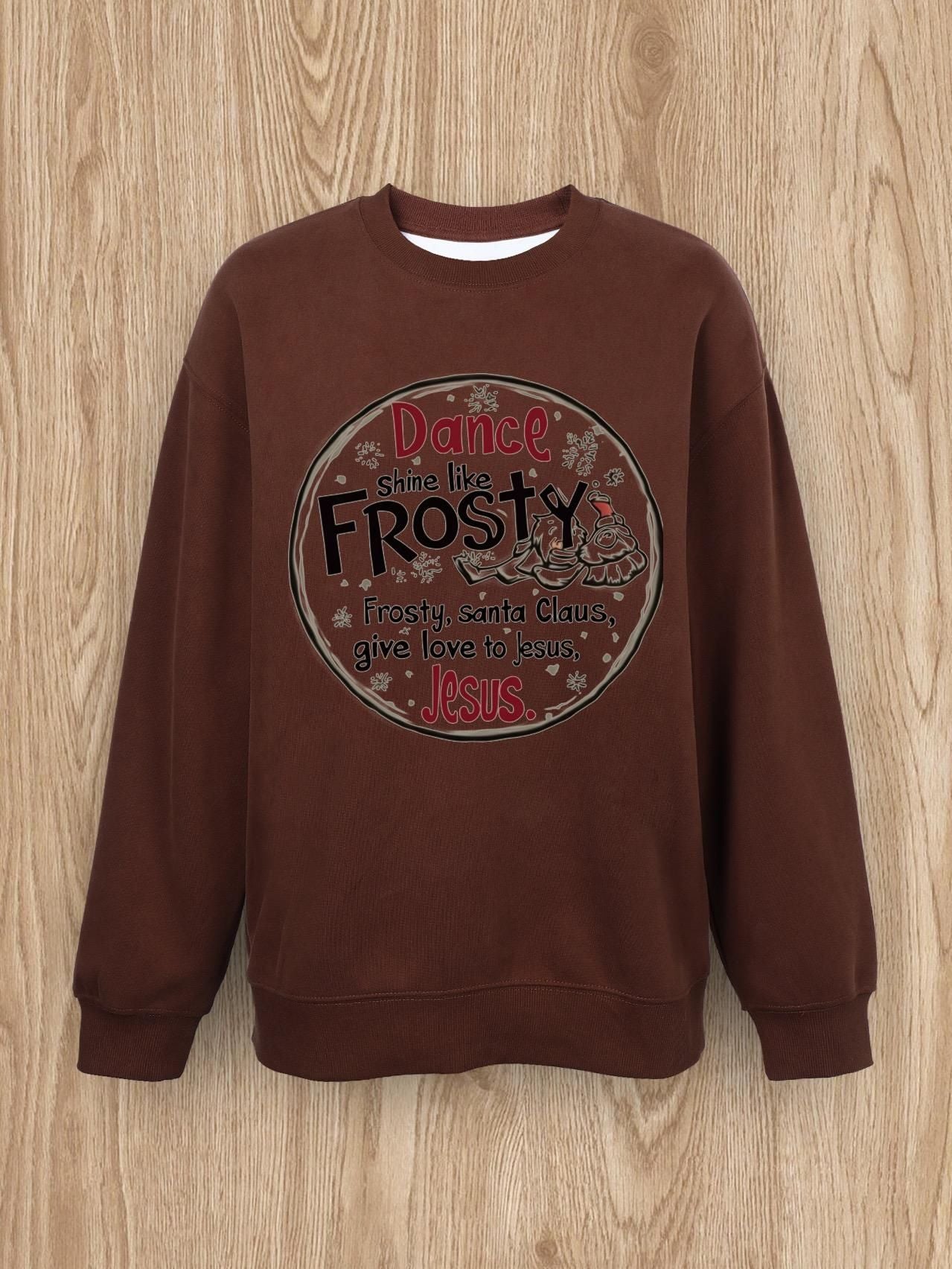 Women Basic Casual Pullover Spring Autumn Long Sleeve Christmas Frost Printed Round Neck