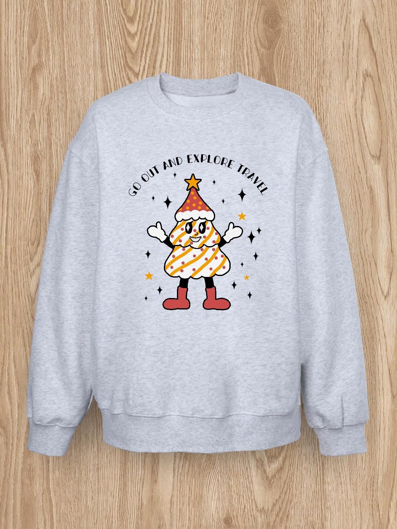 Women Basic Casual Pullover Spring Autumn Long Sleeve Snow Mound Christmas Tree Printed Round Neck White