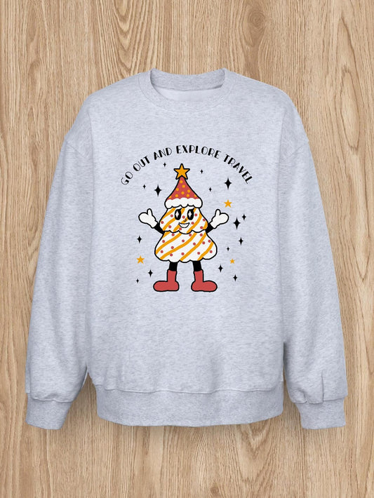 Women Basic Casual Pullover Spring Autumn Long Sleeve Snow Mound Christmas Tree Printed Round Neck White