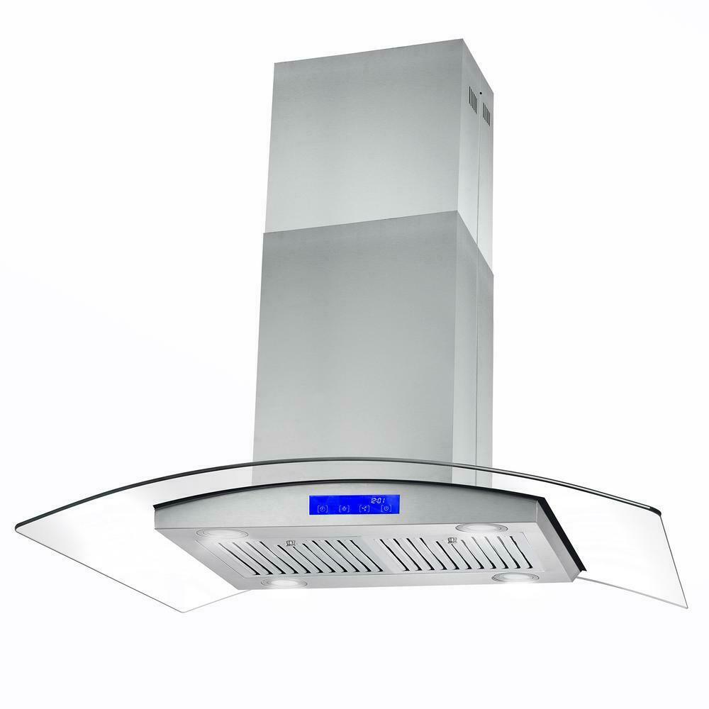 36 inch Stainless Steel Island Mount Range Hood 900CFM Tempered Glass w/LED Lights