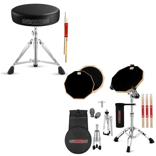 5 Core Drum Throne Adjustable Guitar Stool Padded Seat + Drum Practice Pad Snare Drumming Stand - DS CH BLK + DPAD COMBO BLK