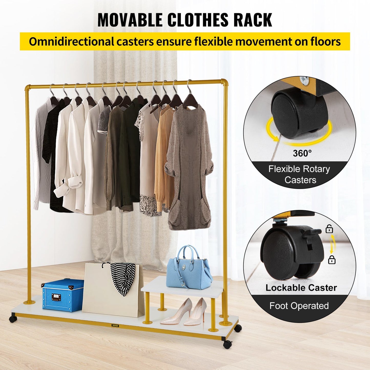 VEVOR Clothing Garment Rack, 59.1"x14.2"x63.0", Heavy-Duty Clothes Rack w/Bottom Shelf & Side Shelf, 4 Swivel Casters, Sturdy Steel Frame, Rolling Clothes Organizer for Retail Store Boutique, Gold