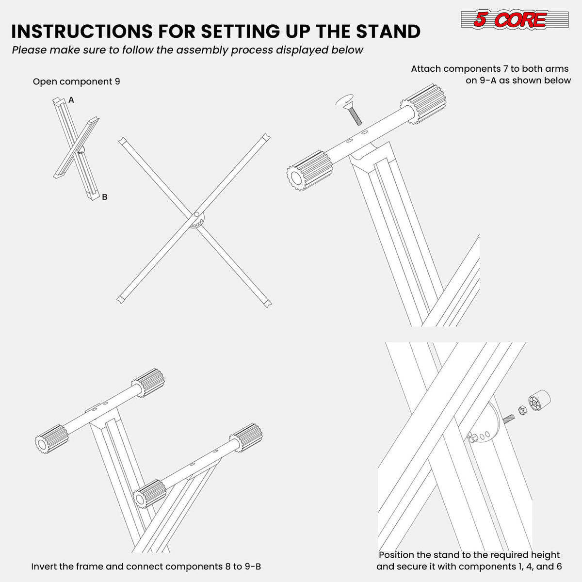 5 Core Keyboard Stand Digital Piano Riser Adjustable X Style Heavy Duty Electric Key Board Casio Synth Holder Foldable Portable Fits 54 61 88 Keys - KS 2X