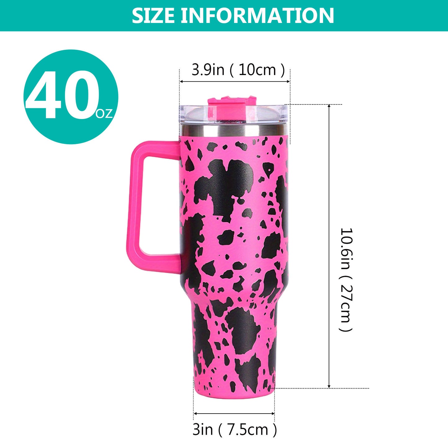 40oz 5D cowprint Insulated Tumbler With Handle And Straw Lid Portable Large Capacity water bottle, Heat preservation,304 Stainless Steel Cup For Outdoor Sports, Travel & Camping Birthday Gift