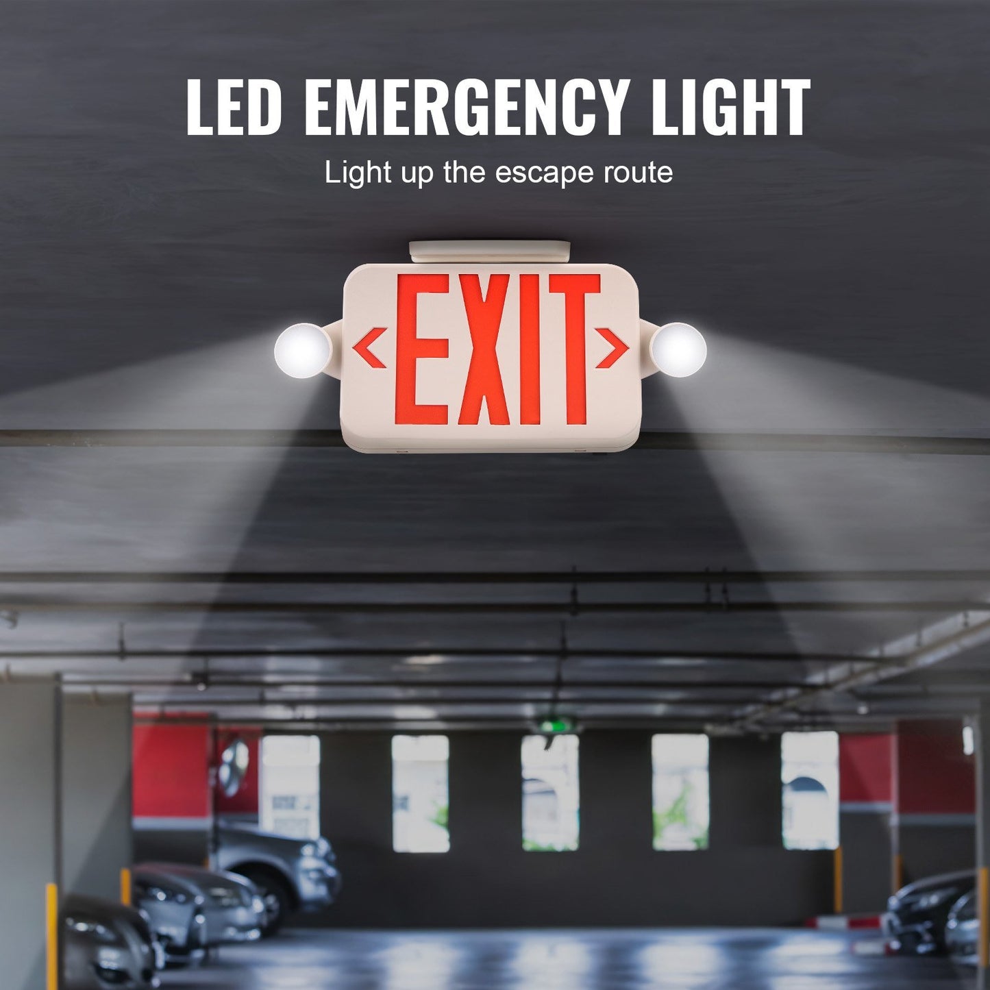 VEVOR LED Exit Sign with Emergency Lights, Two LED Adjustable Heads Emergency Exit Light with Battery Backup, Combo Red Letter Fire Exit Lighting, Commercial Exit Signs Tested to UL Standards