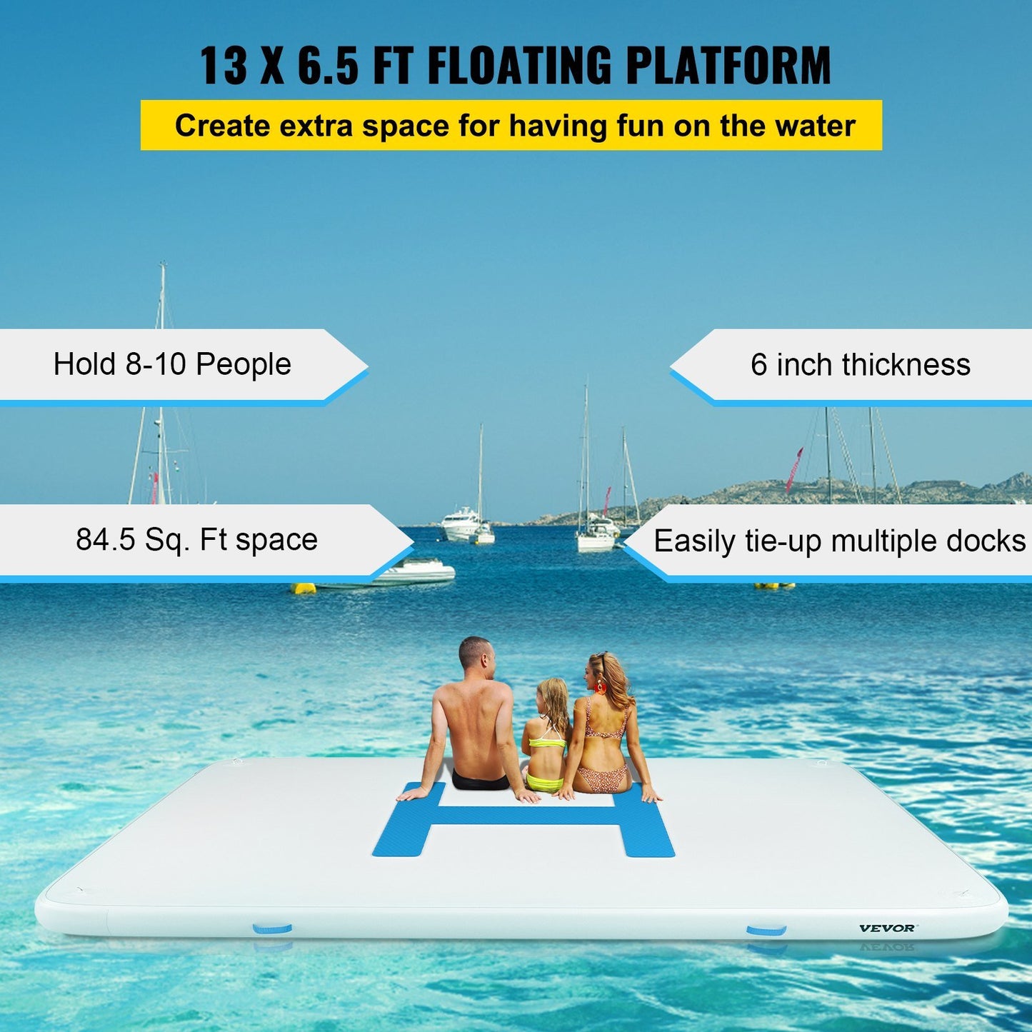 VEVOR 13'x6.5'x6' Inflatable Dock Platform, 8 to 10 Person Inflatable Floating Dock, Floating Platform with Electric Air Pump & Hand Pump for Pool Beach Ocean Lake Float for Adults