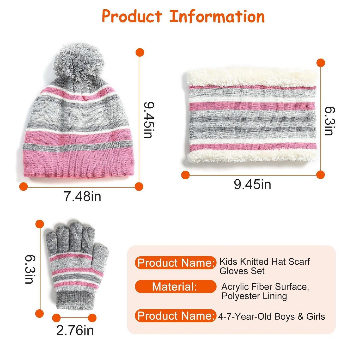 Winter Kids Knitted Hat Scarf Gloves 3Pcs Boys Girls Winter Warm Beanie Hat and Glove Scarf Set Beanie Neck Warmer Mittens for 4-7-Year-Old Kids