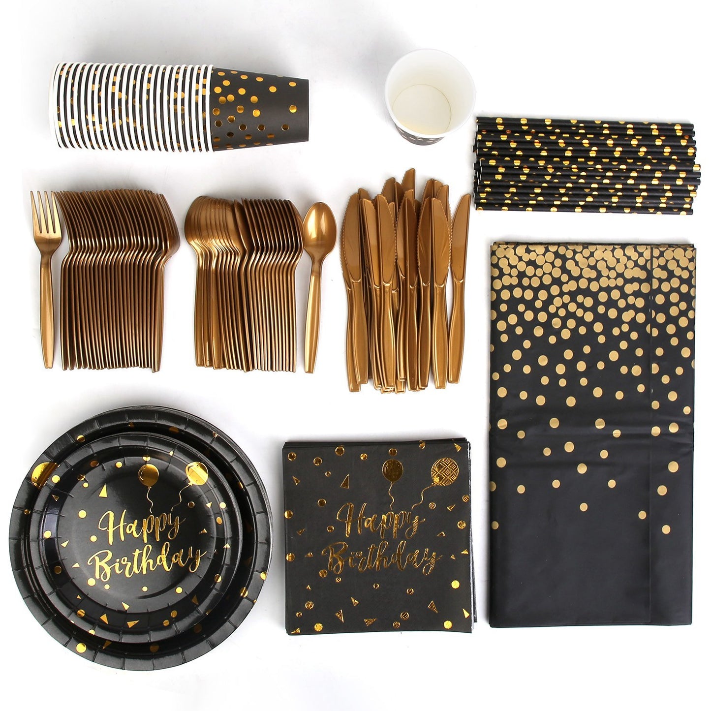 201PCS Black Gold Birthday Party Supplies For 25 Guests Happy Birthday Disposable Dinnerware Set Paper Plates 9OZ Cups Straws Napkins Forks Knives Spoons Tablecloth