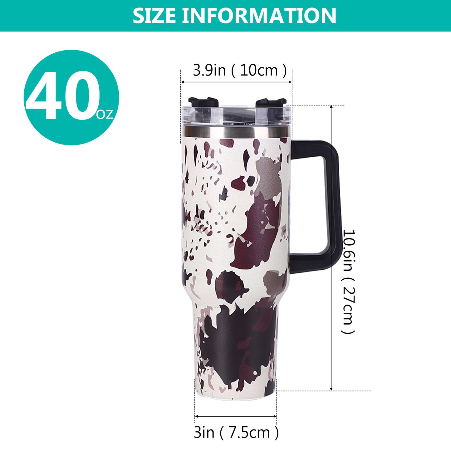 40oz 5D cowprint Insulated Tumbler With Handle And Straw Lid Portable Large Capacity water bottle, Heat preservation,304 Stainless Steel Cup For Outdoor Sports, Travel & Camping Birthday Gift