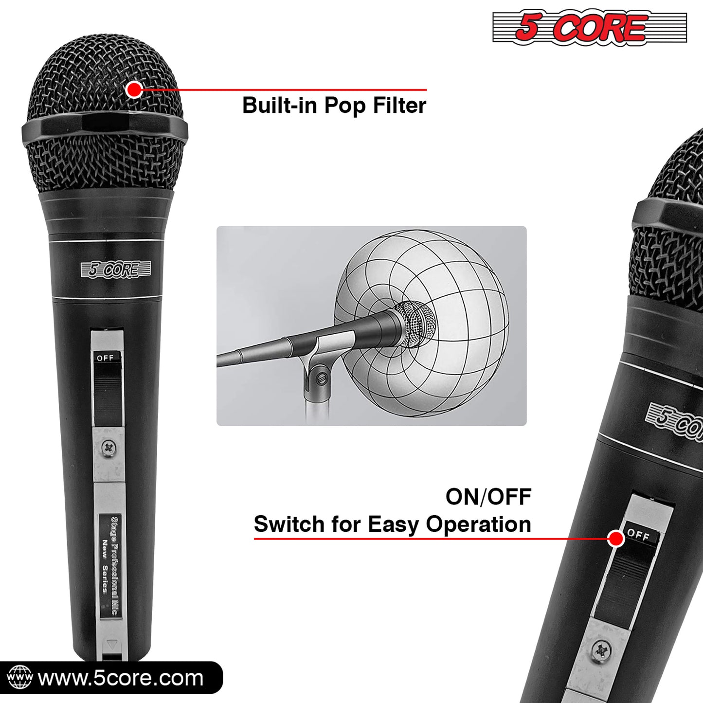 5 Core Microphone XLR Dynamic Mic Karaoke Singing Handheld Microfono Wired Professional Unidirectional 1/4 Plug In Cord Connection for Vocal DJ Music - PM 757