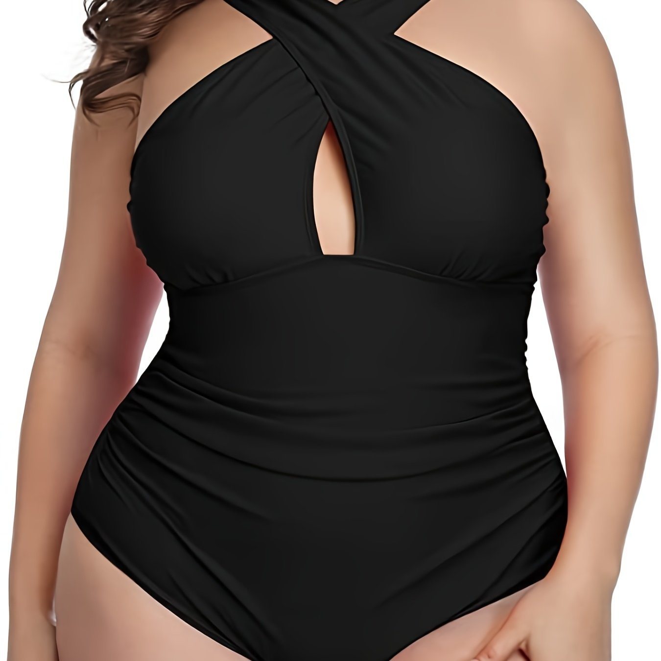 Plus Size Criss Cross Neck Cut Out One Piece Swimsuit; Women's Plus High Stretch Modest One Piece Bathing Suit