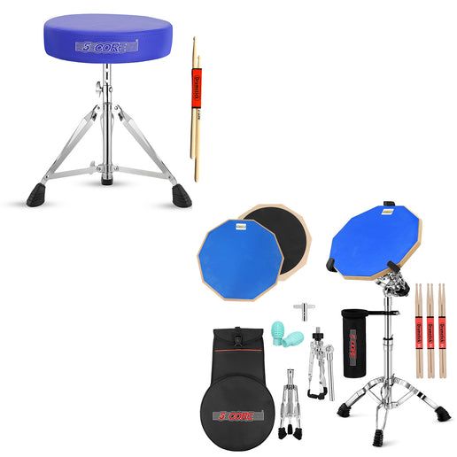 5Core Drum Throne Adjustable Guitar Stool Padded Seat + Drum Practice Pad Snare Drumming Stand - DS CH BLU + DPAD COMBO BLU