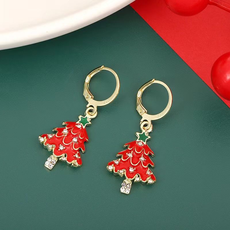 Christmas Tree Enamel and Rhinestone  Jewelry Set - Festive Necklace and Earrings