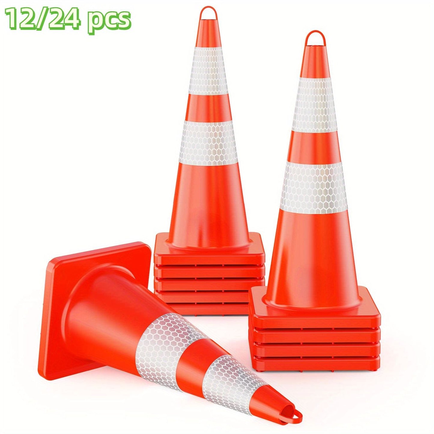 12 pcs Traffic Cones 28 Inch Safety Cones with Reflective Collar Orange Cones with Handle Plastic PVC Heavy Duty Cones for Parking Lot, Driving Training