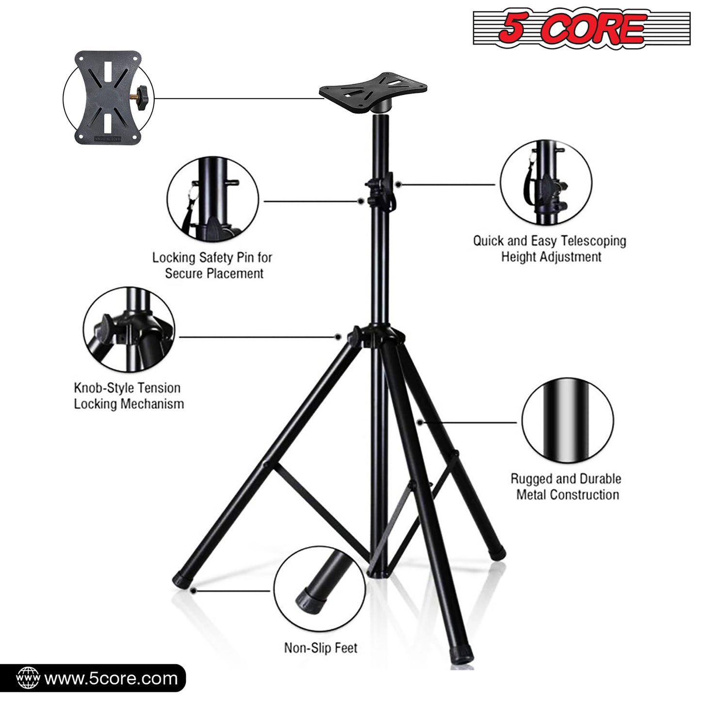 5 Core Speaker Stand Tripod Floor Adjustable Up to 60 Inch DJ Studio Monitor Stands Pole Mount- SS HD 1PK 5FT