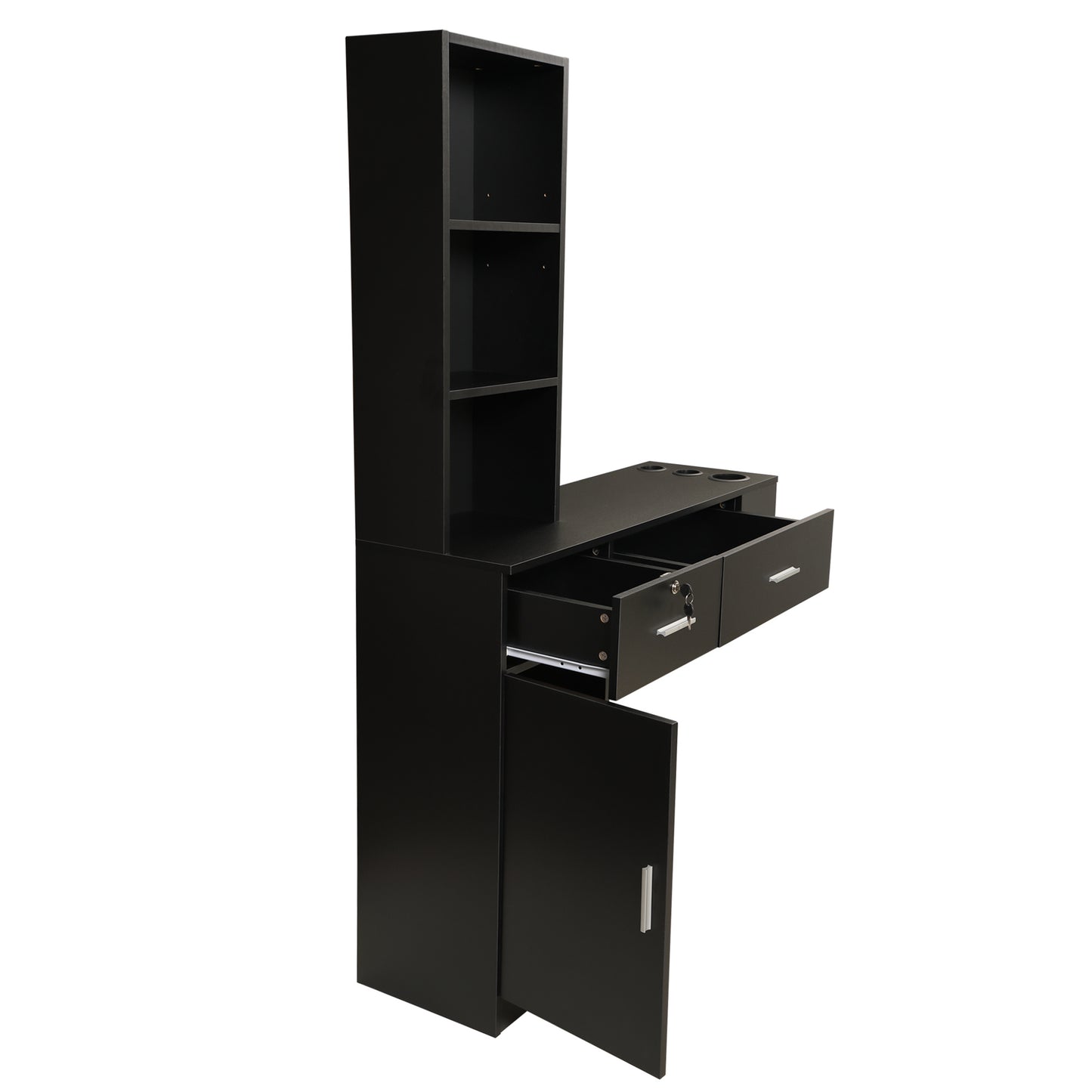 Wall Mount Hair Styling Barber Station Beauty Hair Salon Spa Equipment Set W/ 3-Tier Shelf;  Lockable Drawer;  Black XH