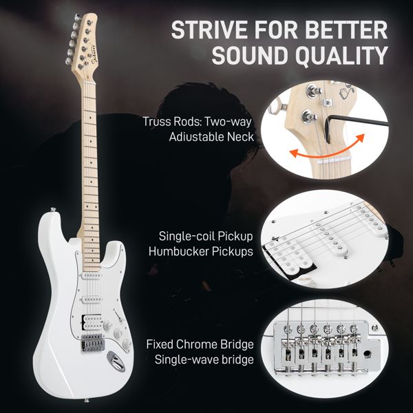 [Do Not Sell on Amazon] Glarry GST Stylish S-S-H Pickup Electric Guitar Kit with 20W AMP Bag Guitar Strap White