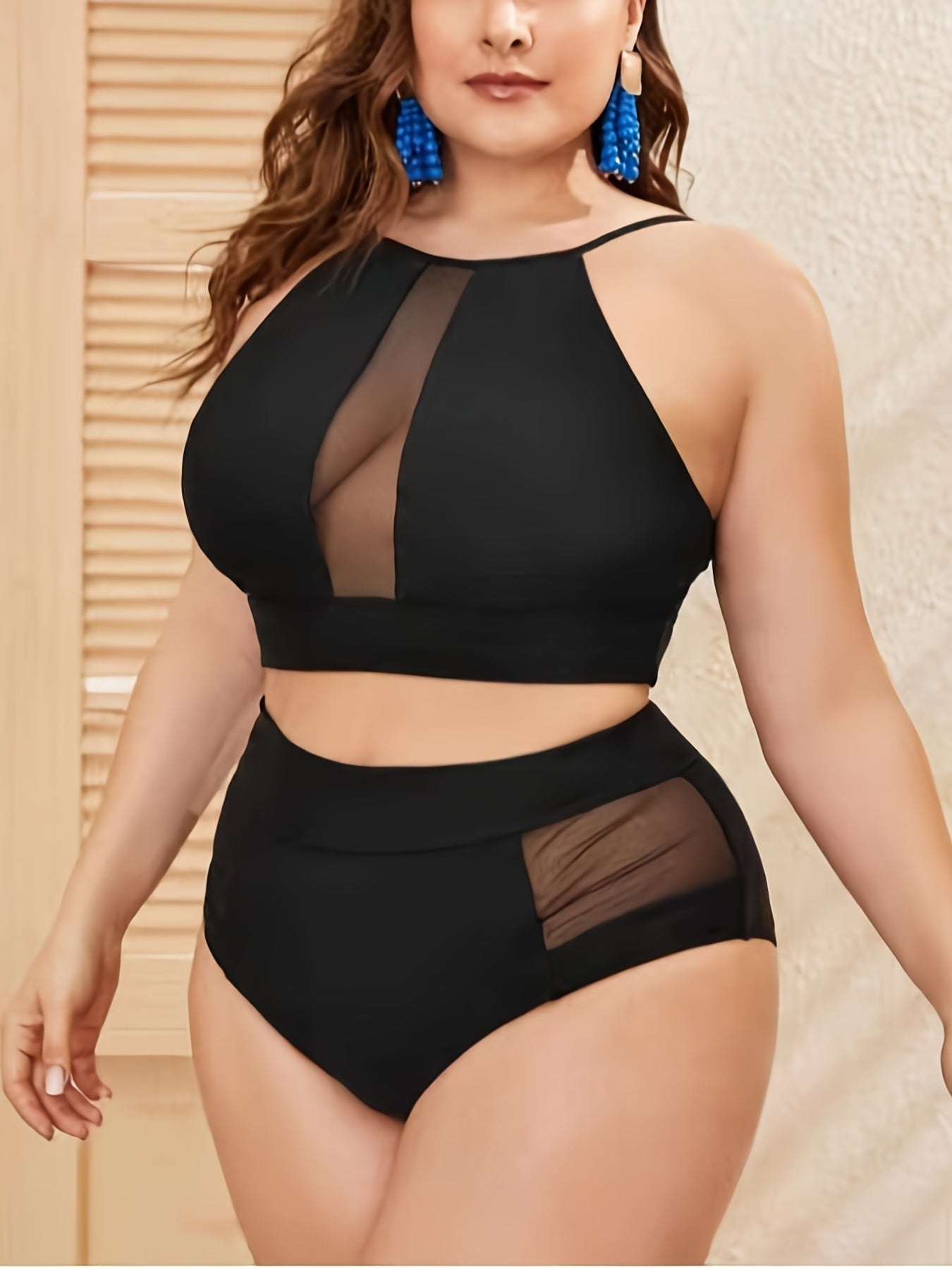 Plus Size Contrast Mesh Halter Neck Solid Bikini Set; Women's Plus Medium Stretch Semi Sheer Sexy Swimsuit Set Beachwear