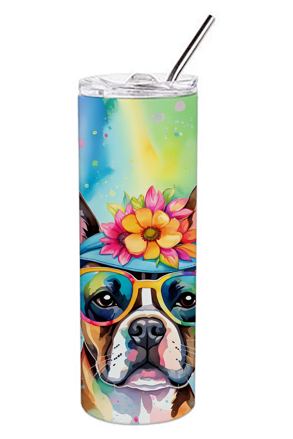 Boston Terrier Hippie Dawg Stainless Steel Skinny Tumbler Vacuum Double Walled Reusable Insulated Tumbler Travel Cup for Coffee Cocktails Gift with Lid, 20 oz