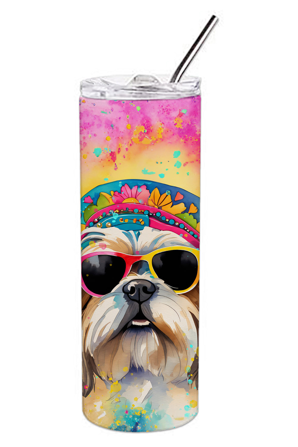 Shih Tzu Hippie Dawg Stainless Steel Skinny Tumbler Vacuum Double Walled Reusable Insulated Tumbler Travel Cup for Coffee Cocktails Gift with Lid, 20 oz