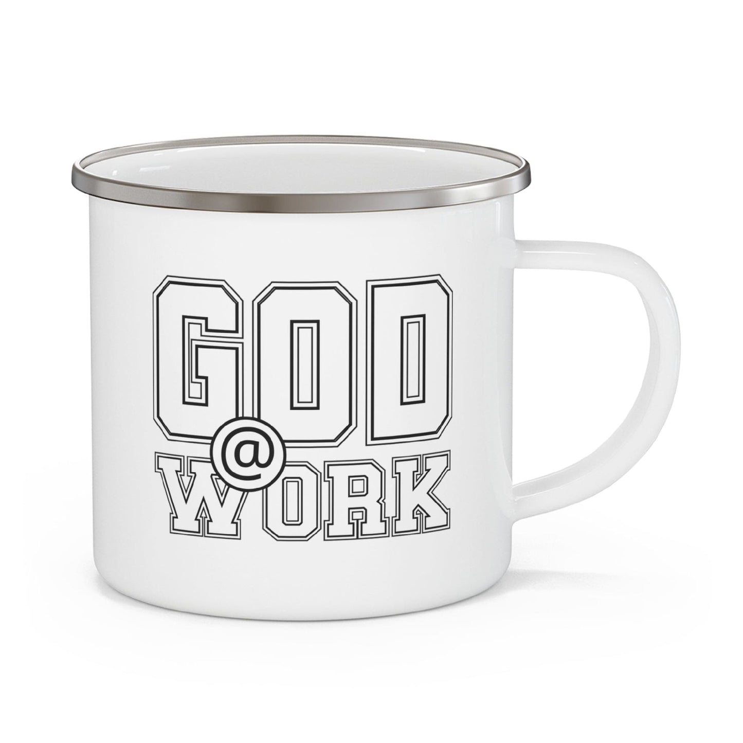 Enamel Camping Mug, God @ Work White And Black Print