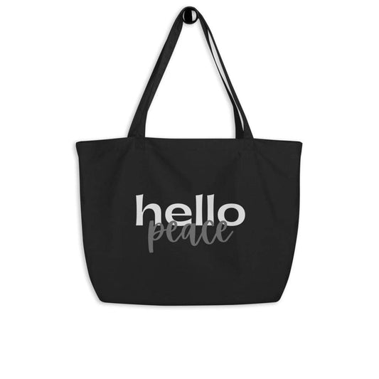 Large Black Tote Bag - Hello Peace Inspirational Print