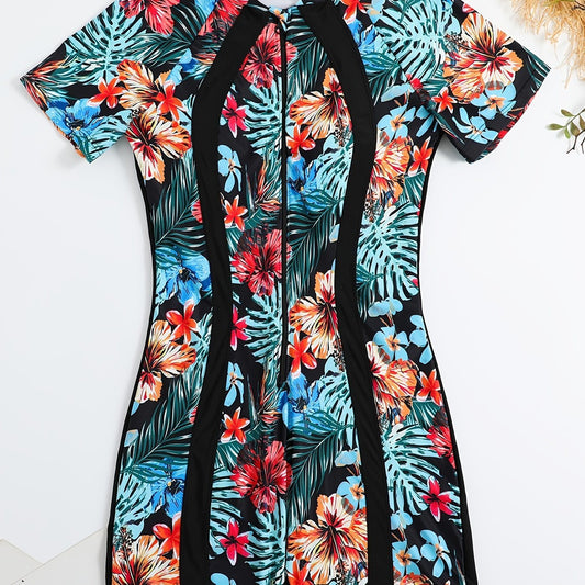 Plus Size Tropical Print Short Sleeve Zipper One Piece Swimsuit; Women's Plus High Stretch Modest Swimsuit