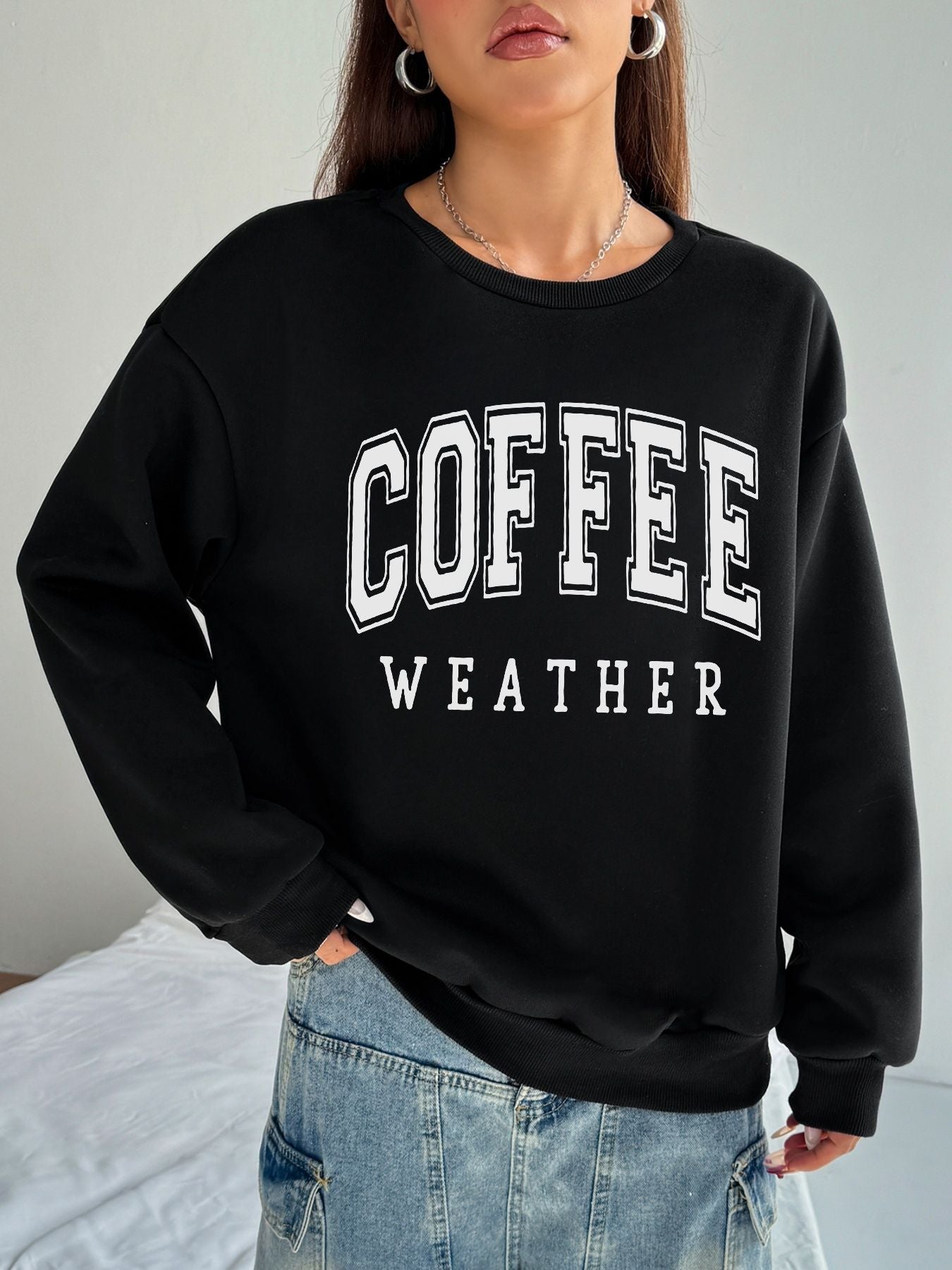 Women Basic Casual Pullover Spring Autumn Long Sleeve Coffee Letter Round Neck