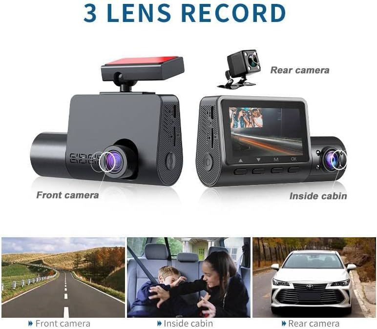 3 Channel Dash Cam for Car with 1080 + 1080 + 480p Three Lenses, Wide Angle Monitoring Range of 140° + 140° + 130°, 24-Hour Parking Monitoring, 4 Infrared Lamps with 64GB Memory Card