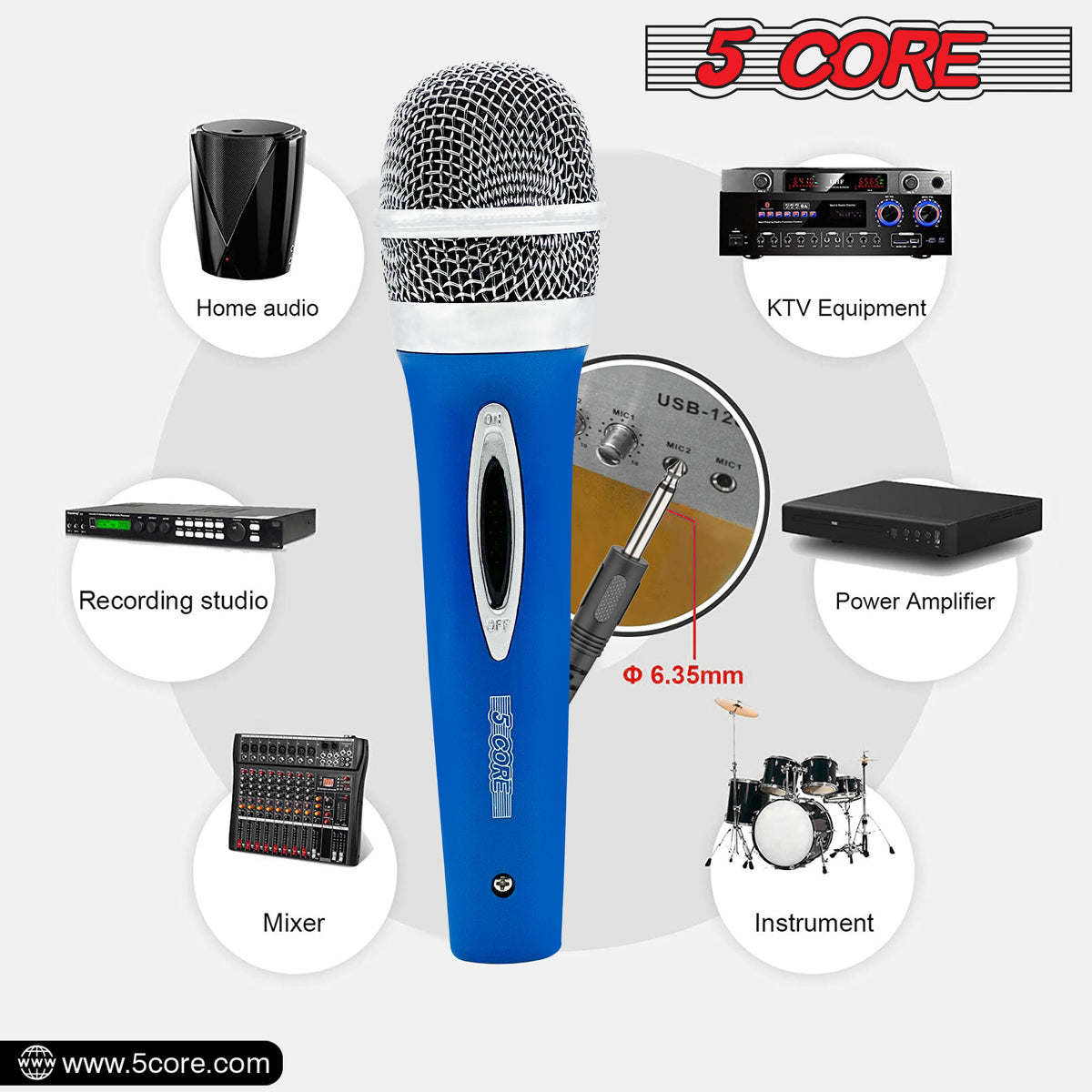 5 Core Microphone Wired Premium Vocal Dynamic Cardioid Handheld Unidirectional Mic with 12ft Detachable XLR Cable to inch Audio Jack and On/Off Switch for Karaoke Singing (Blue) PM 286 BLU