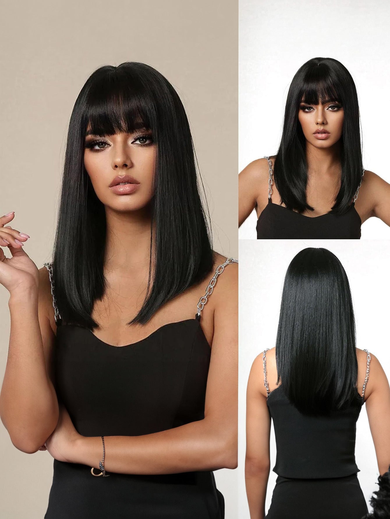 Medium-length straight hair fully machined bangs wig 14 inches natural black heat-resistant fiber high temperature silk wig dyeable and permable bangs synthetic wig