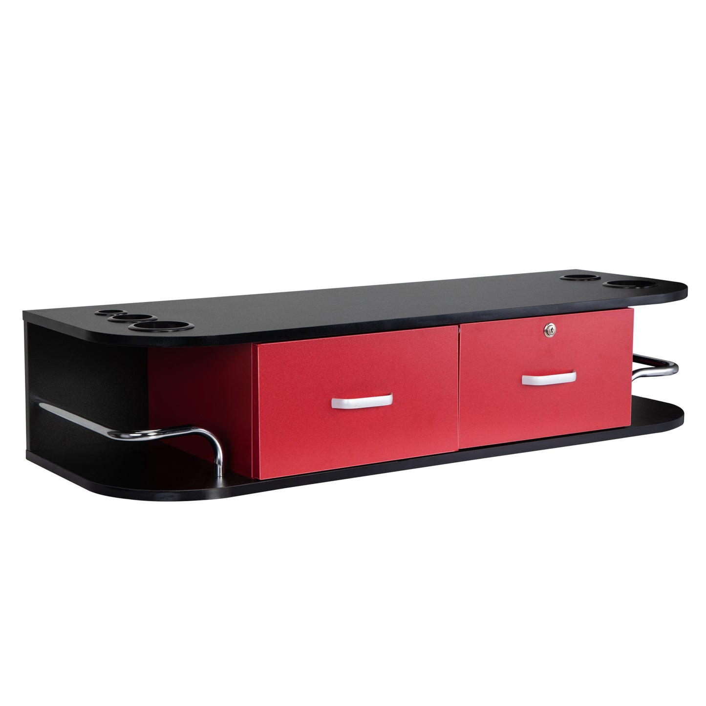 Classic Wall Mounted Beauty Salon, Barber Styling Station, Salon Equipment with Locking 2 Drawers, Black+Red